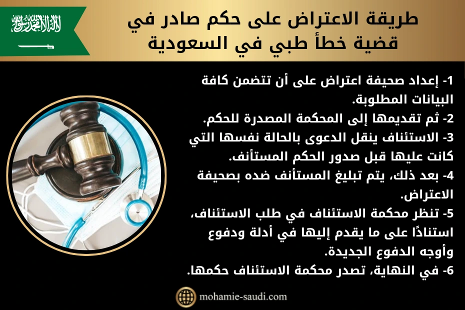 طريقة الاعتراض على حكم صادر في قضية خطأ طبي في السعودية